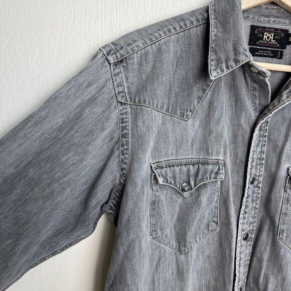 Vintage RRL Ralph Lauren Mens Gray Western Denim Shirt Size Medium Pearl Snap - Picture 7 of 16